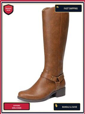Faux Leather Knee High Motorcycle Boots with Chunky Heel, Side Zipper, Elastic